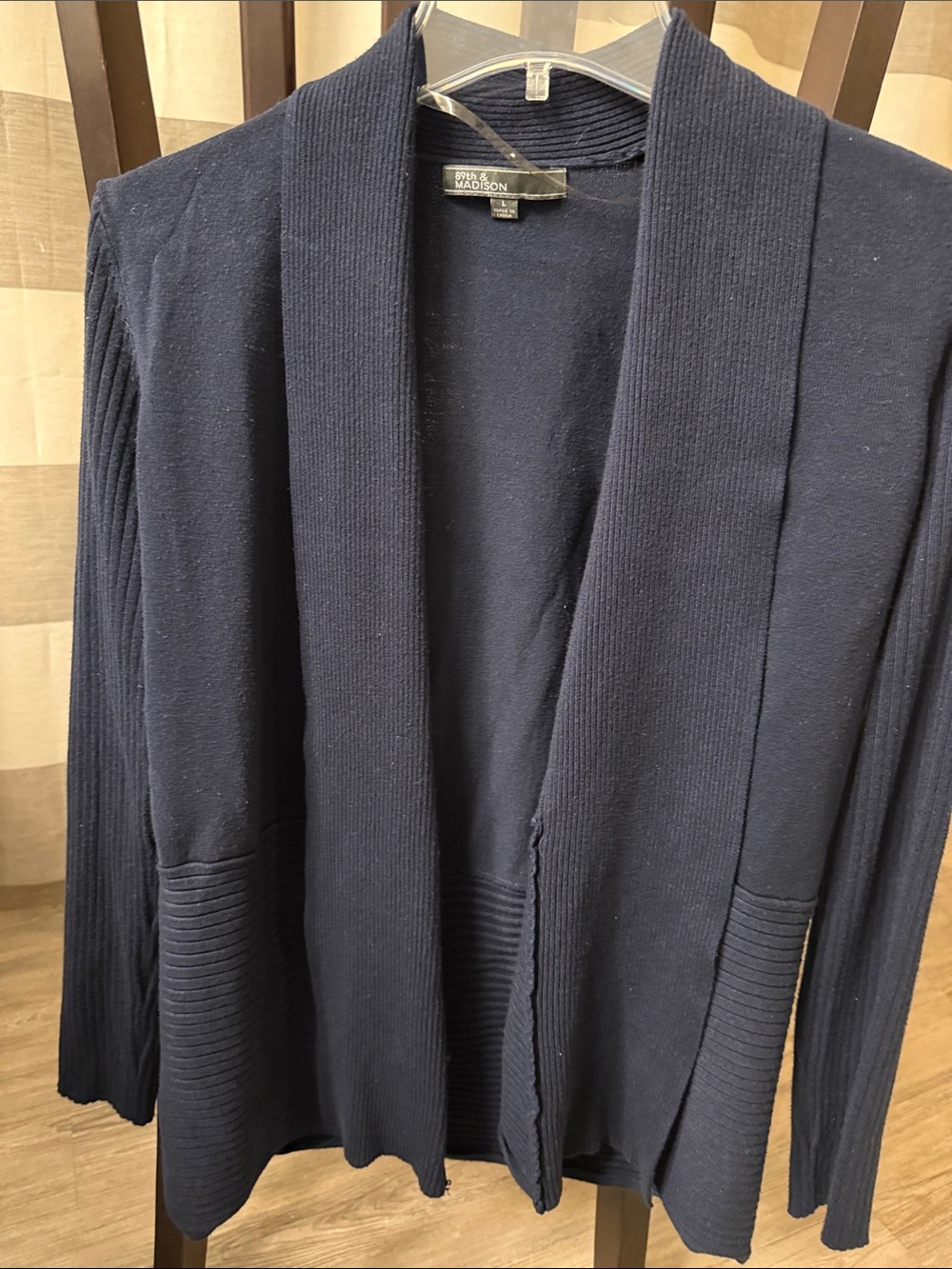 Navy Open-Front Ribbed-Trim Cardigan| some peeling